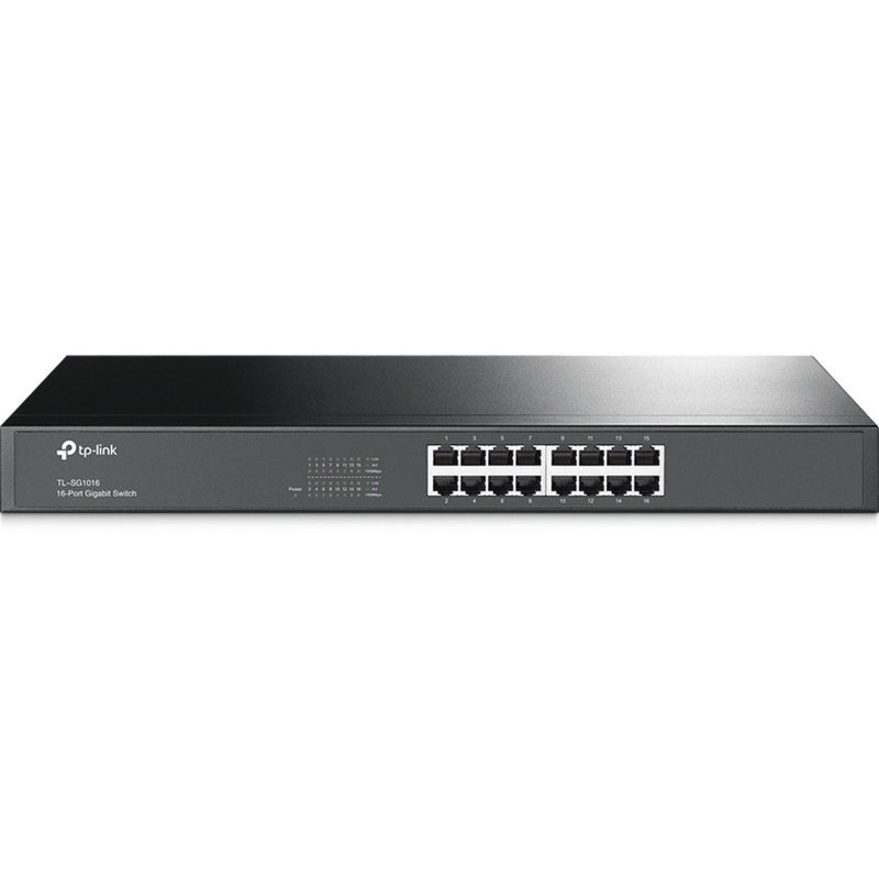 Front view of TP-Link TL-SG1016 16-port Gigabit Ethernet switch showing all network ports and status LEDs