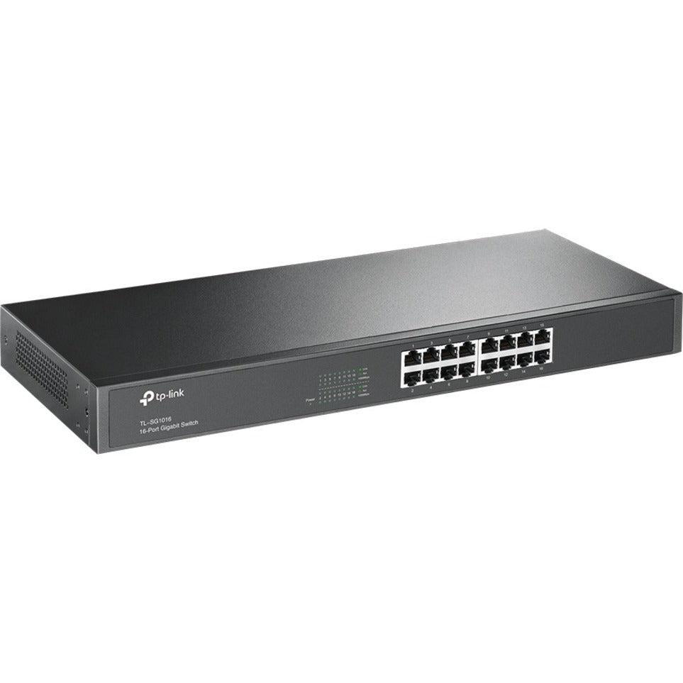 Angled view of TP-Link TL-SG1016 switch displaying compact form factor and professional design-alternate-image3