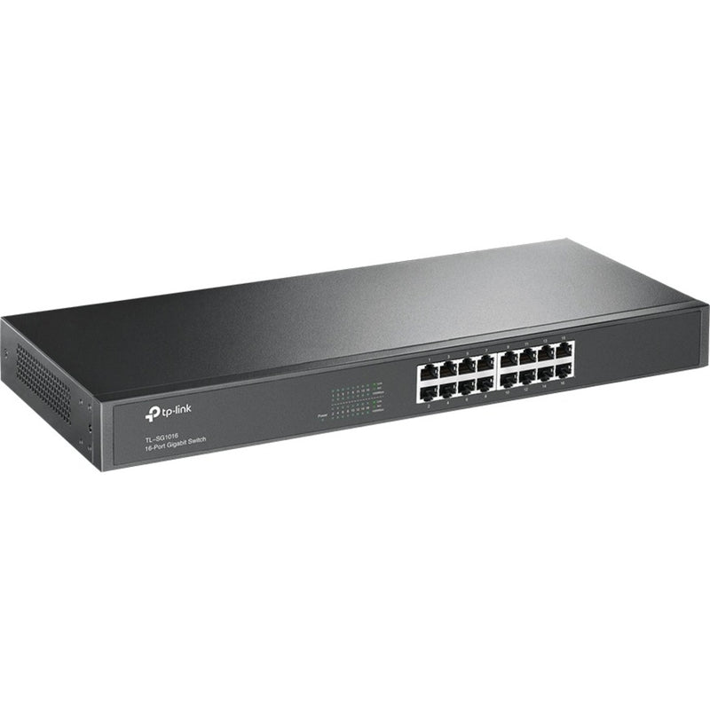 Angled view of TP-Link TL-SG1016 switch displaying compact form factor and professional design