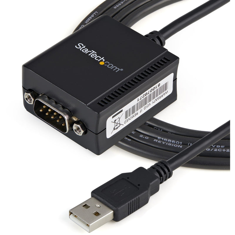 Angled view of StarTech.com USB to serial adapter showing cable and connections