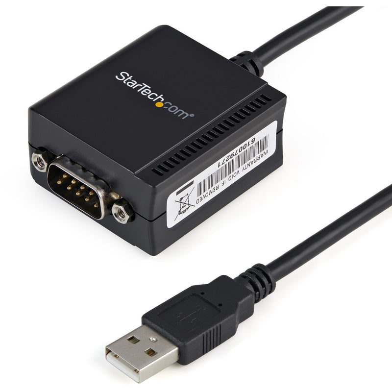 StarTech.com USB to RS232 serial adapter showing DB-9 connector and USB cable connection