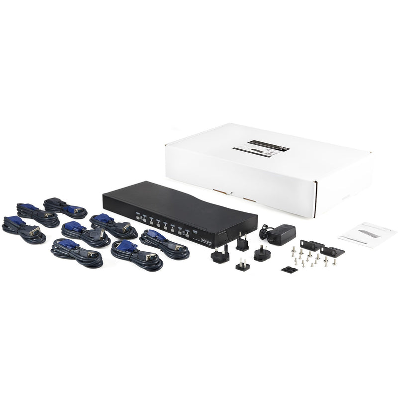 Complete KVM switch kit with cables, mounting brackets, and accessories laid out