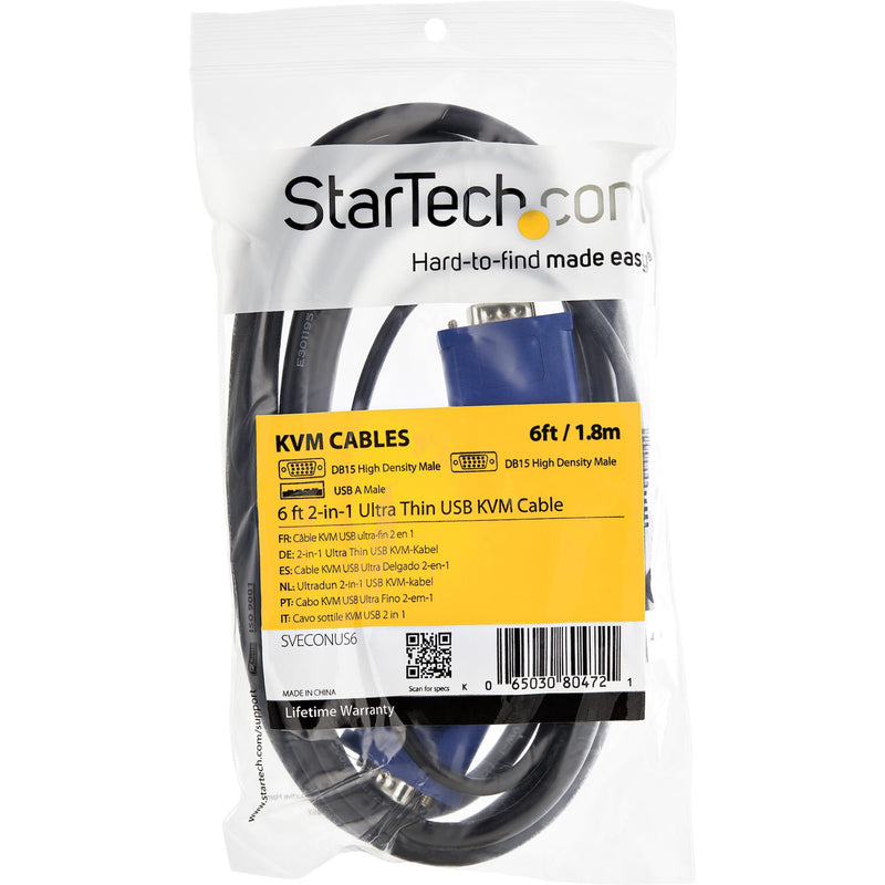 StarTech.com KVM cable retail packaging with product specifications and warranty information