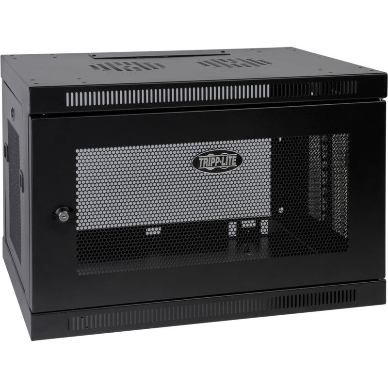 Side angle view of Tripp Lite SRW9U wall-mount cabinet showing overall dimensions and ventilation system