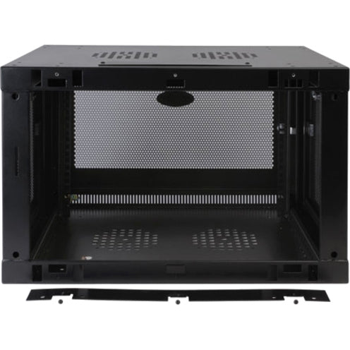 Interior view of SRW9U rack cabinet showing adjustable mounting rails and ventilated design