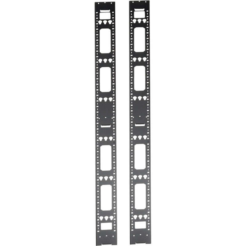 Front view of two black 42U vertical cable management bars with multiple keyhole mounting slots and rectangular cutouts