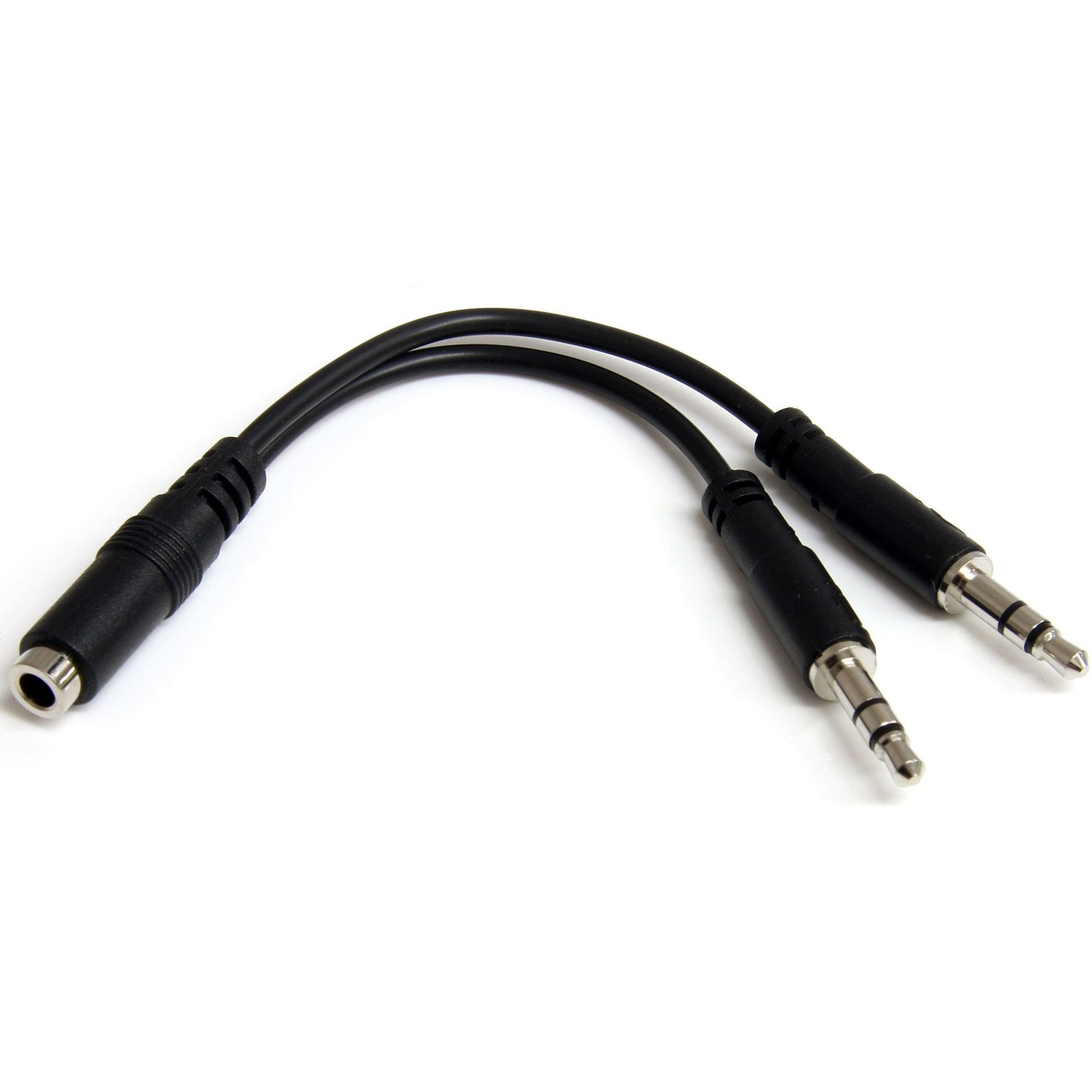 StarTech.com 3.5mm Y-splitter adapter cable showing one female connector and two male connectors against white background-alternate-image1