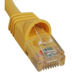 Close-up view of yellow-booted RJ-45 connector with transparent housing showing internal gold-plated contacts