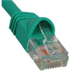 Green Cat 5e network patch cable showing transparent RJ-45 connector with gold-plated contacts and snag-free boot