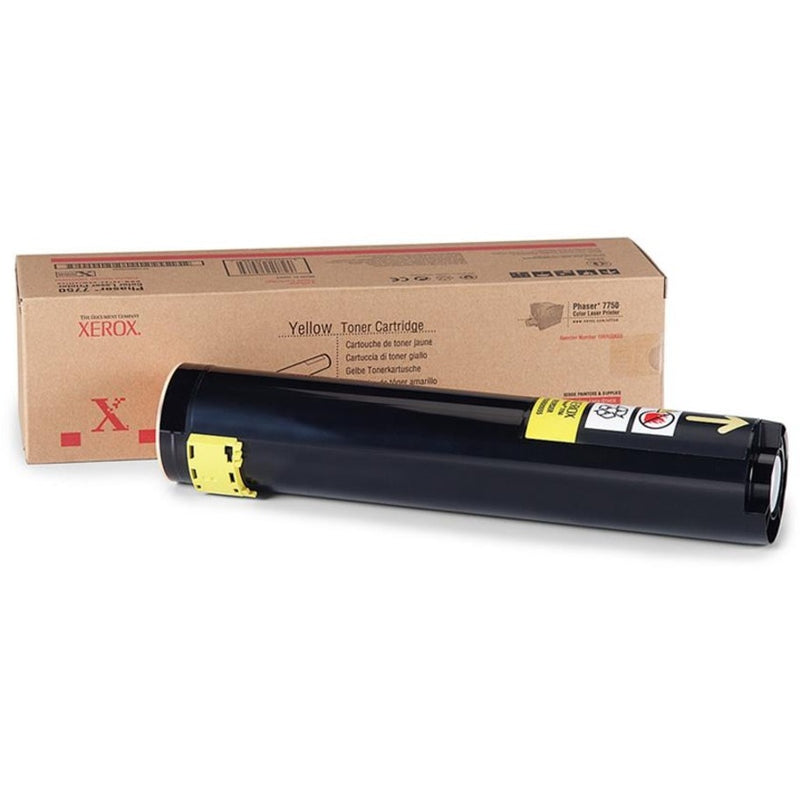 Xerox 106R00655 original yellow toner cartridge with retail packaging showing product specifications