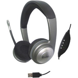 SYBA Multimedia Connectland headset featuring silver and black design with inline volume control, adjustable boom mic, and USB/3.5mm connectivity options