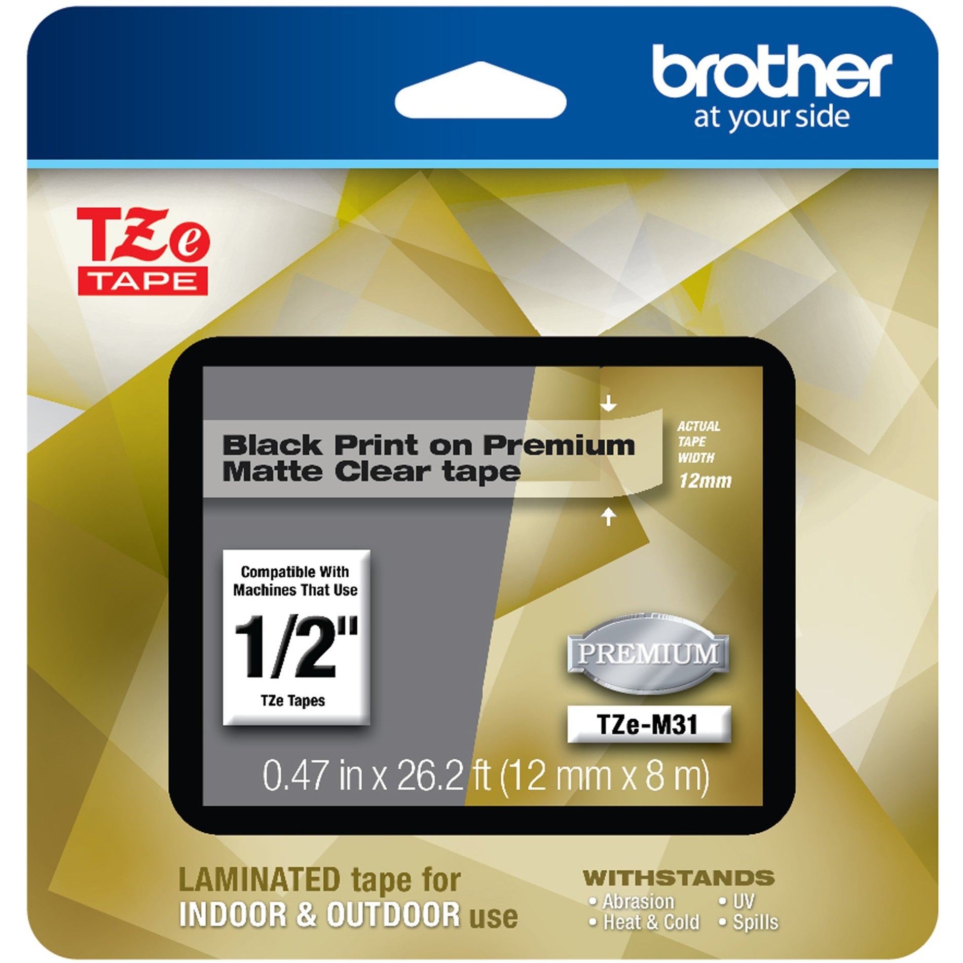 Brother TZEM31 TZe Cinta Laminada Premium Mate - 12mm Resistente a la Abrasión Resistente a Productos Químicos Resistente a la Degradación Fácil de Pelar