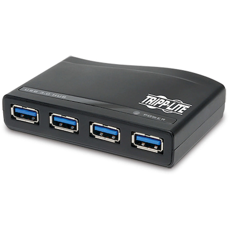 Front view of Tripp Lite U360-004-R USB 3.0 hub showing four blue USB ports in black housing