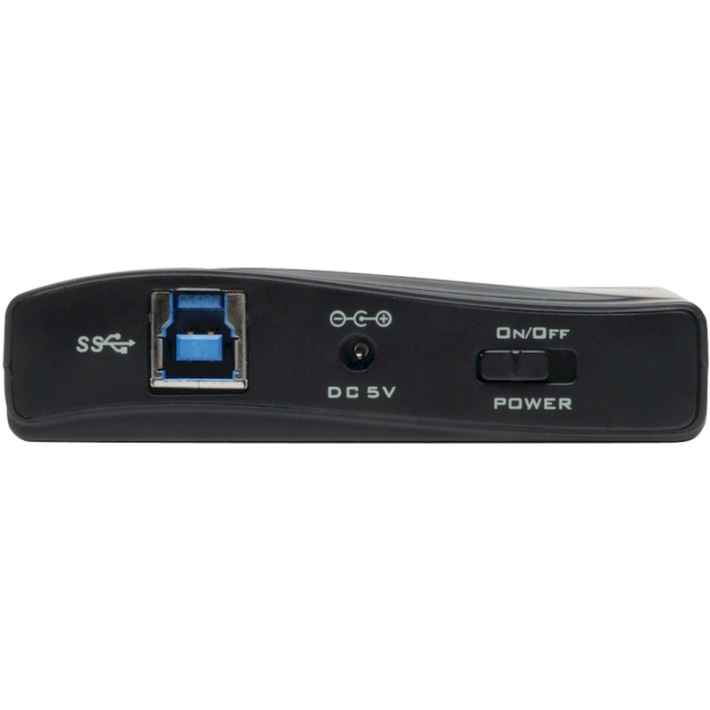 Rear view of Tripp Lite U360-004-R USB hub showing power switch, DC input, and USB Type-B port