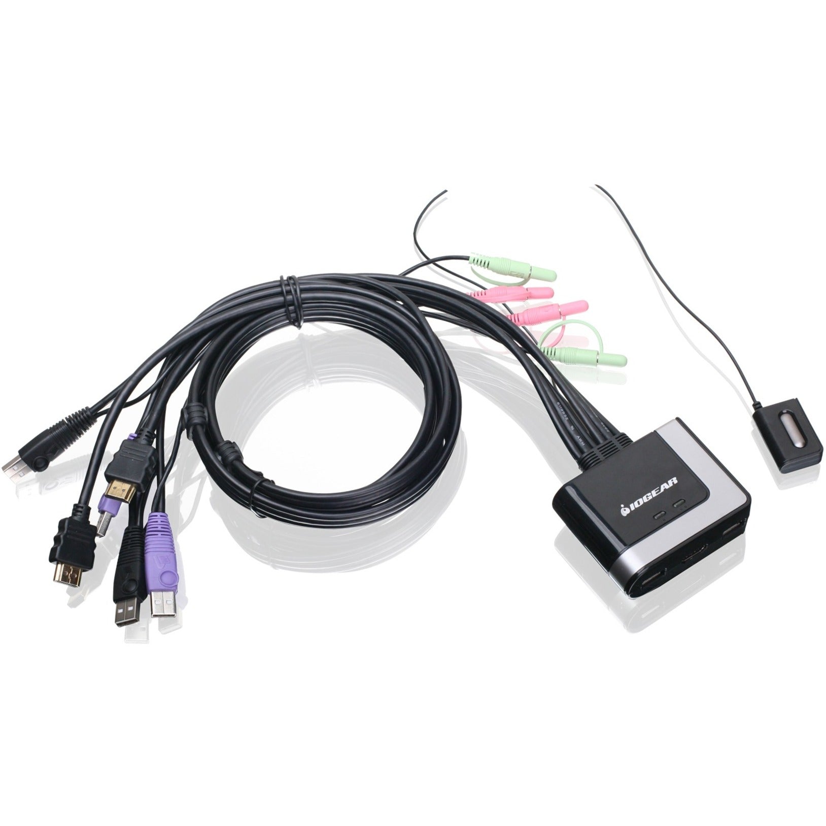 IOGEAR GCS62HU KVM switch with integrated HDMI, USB, and audio cables connected to compact black switching unit-alternate-image1