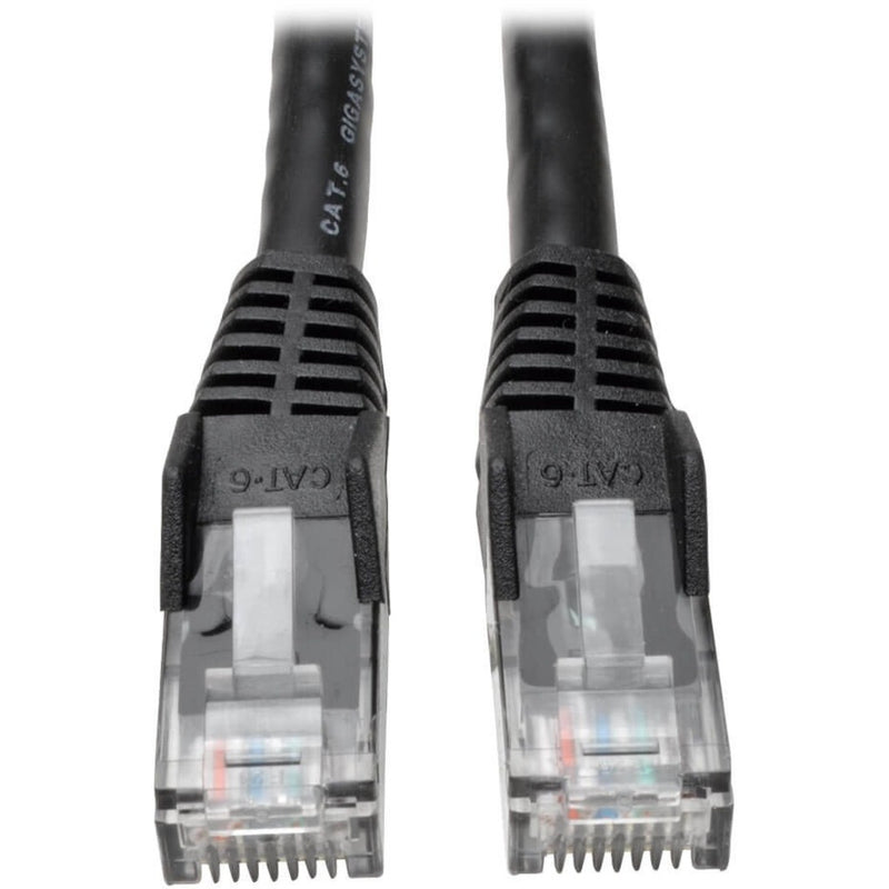 Close-up view of two RJ45 connectors with transparent housing and snagless boots on a Cat6 black ethernet cable