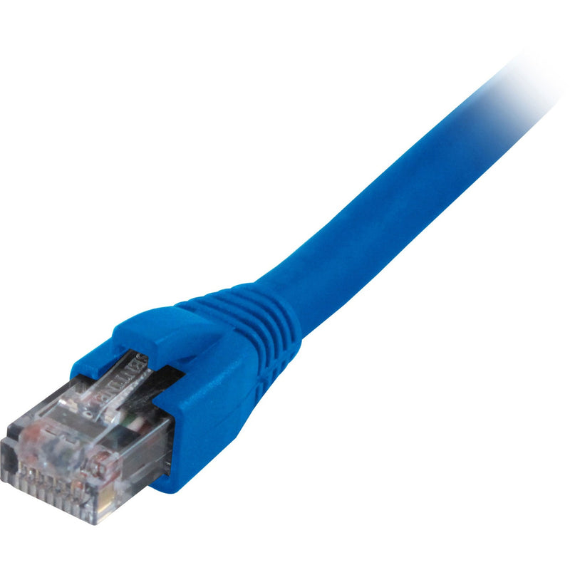 Close-up view of CAT6A shielded network cable's RJ-45 connector with blue snagless boot and gold-plated contacts