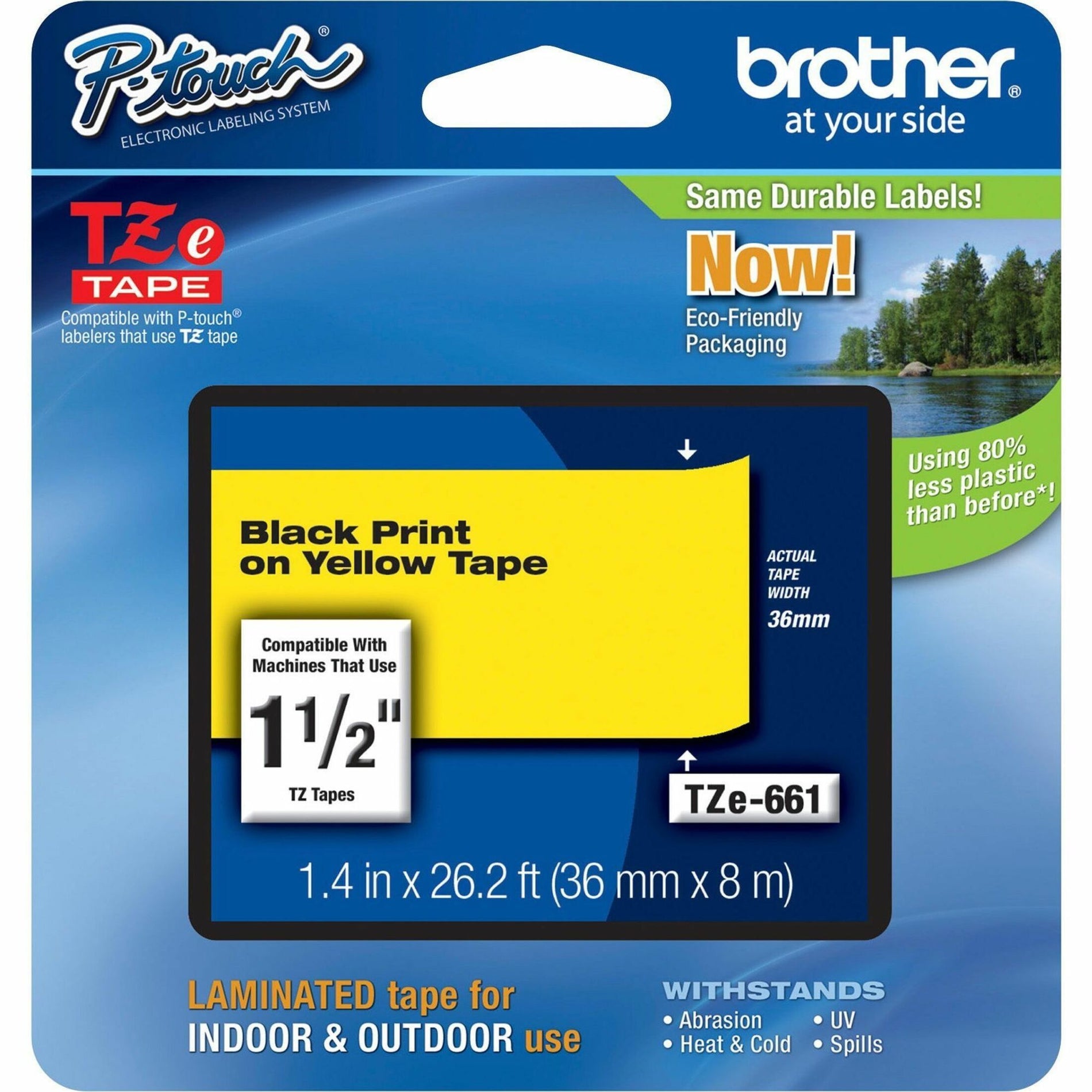 Brother TZe-661 P-Touch tape cartridge featuring black on yellow laminated tape, 1.5 inches wide, with eco-friendly packaging-alternate-image1