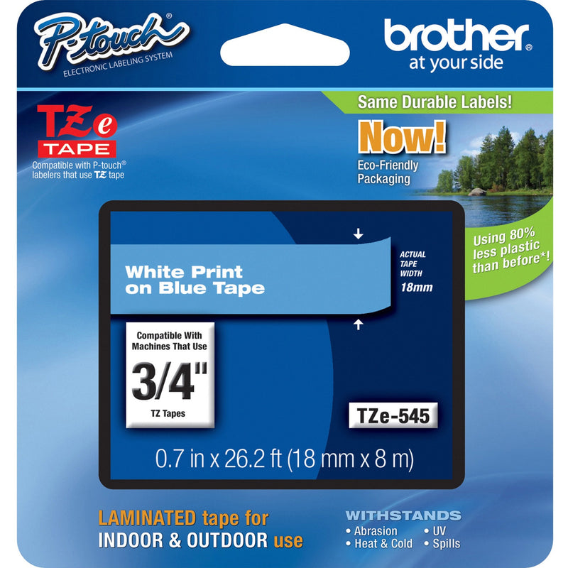 Brother TZe-545 P-Touch tape package showing blue tape with white print, 18mm width, laminated for indoor and outdoor use