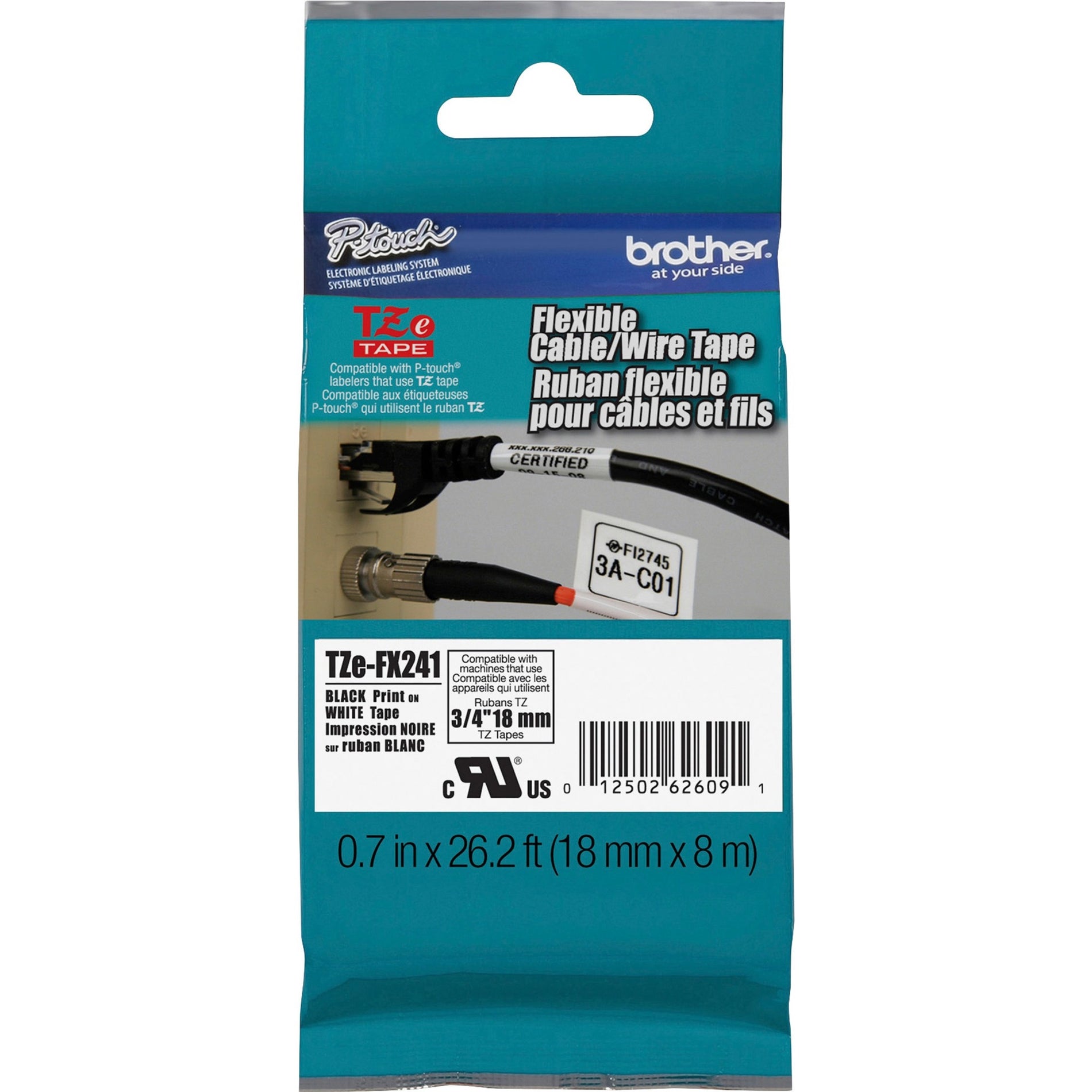 Brother TZe-FX241 P-Touch flexible cable and wire labeling tape package in teal color showing product specifications and sample cable application-alternate-image1