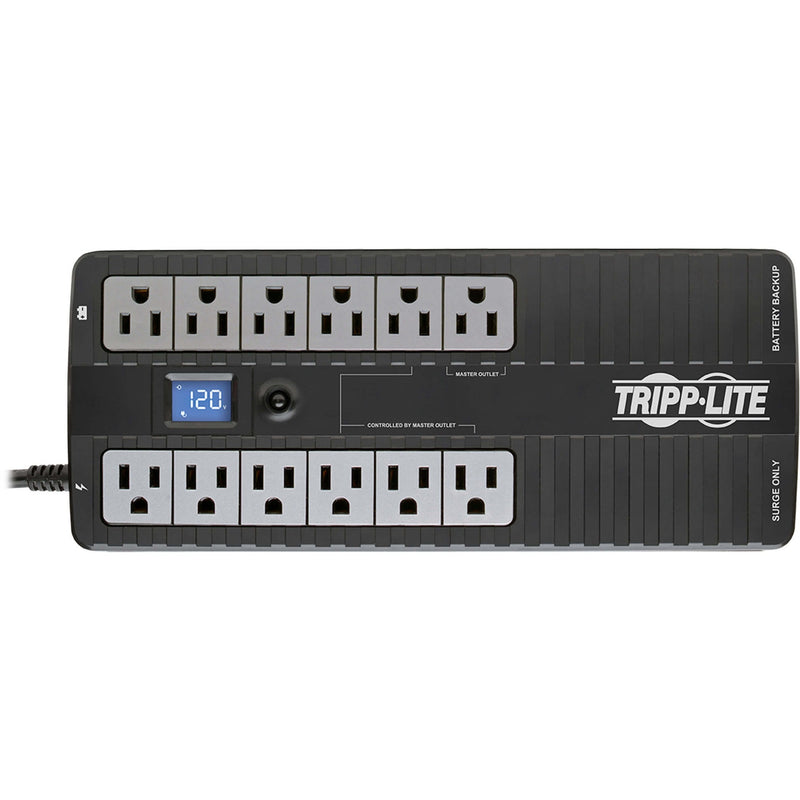 Top view of Tripp Lite ECO850LCD UPS showing outlet arrangement and LCD display