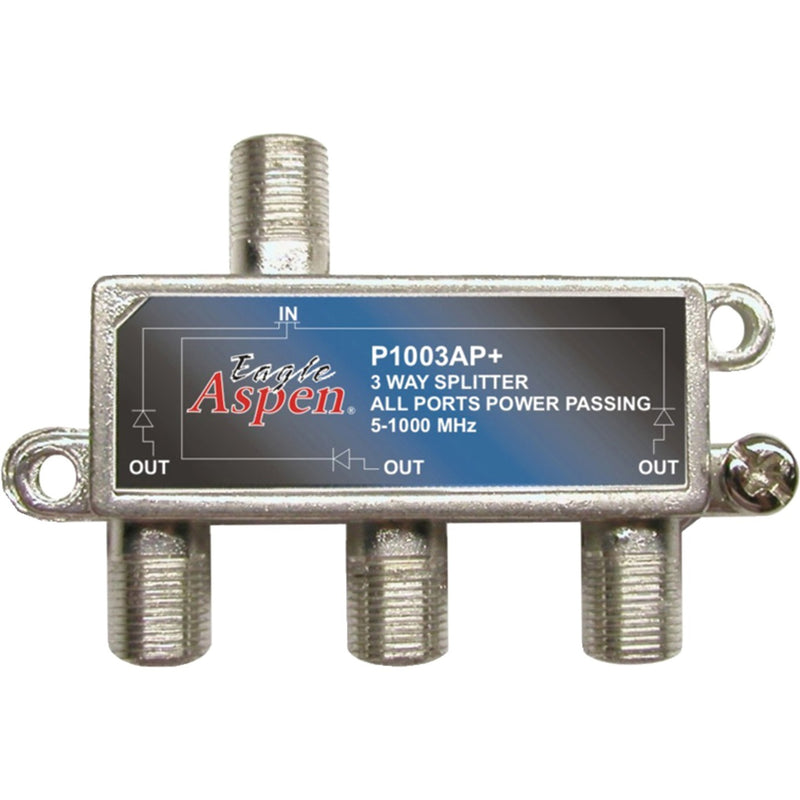 Eagle Aspen P1003AP+ 3-way satellite splitter with power passing capability, featuring zinc die-cast housing and F-type connectors