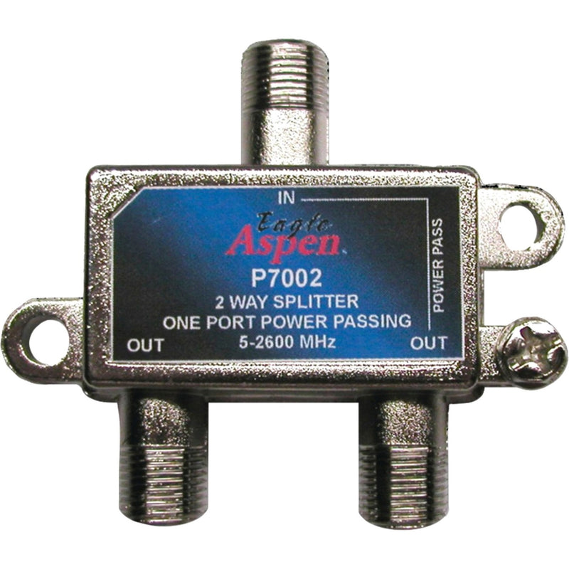 Eagle Aspen P7002 2-way signal splitter with power passing capability, featuring three F-type connectors and durable metal housing