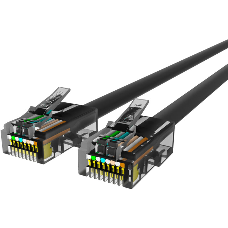 Cross-sectional view of Belkin CAT6 ethernet cable connectors showing internal wiring and contact design