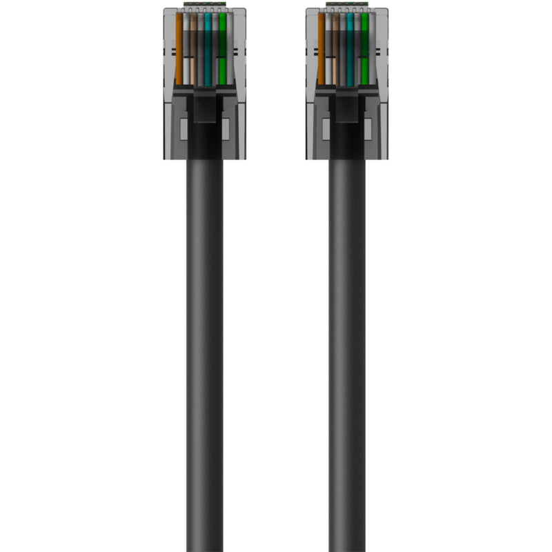 Detailed view of Belkin CAT6 cable connector showing color-coded wire arrangement and internal structure