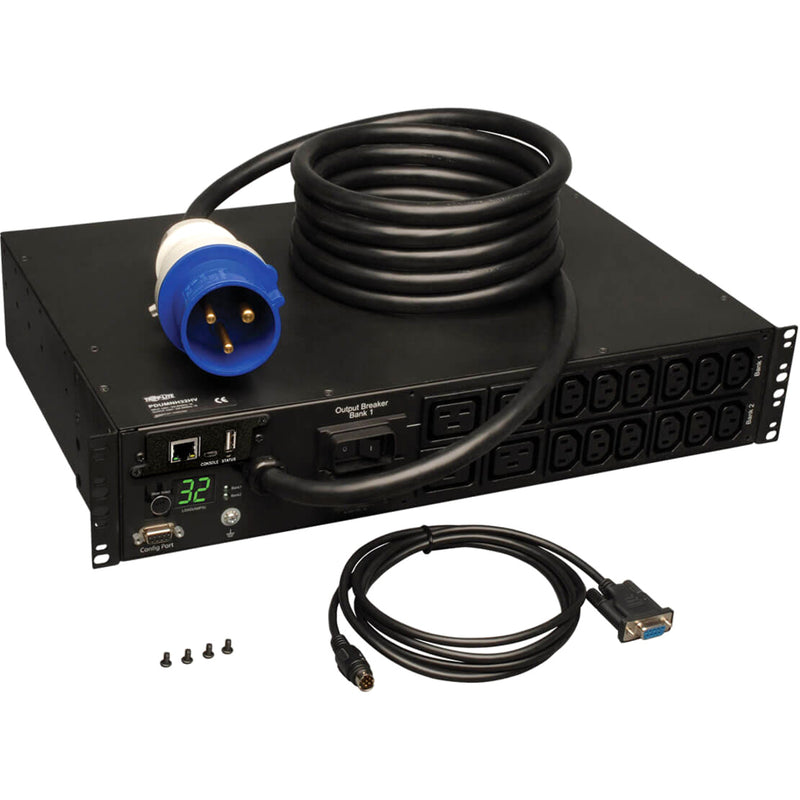 PDU shown with included cables, mounting hardware, and accessories