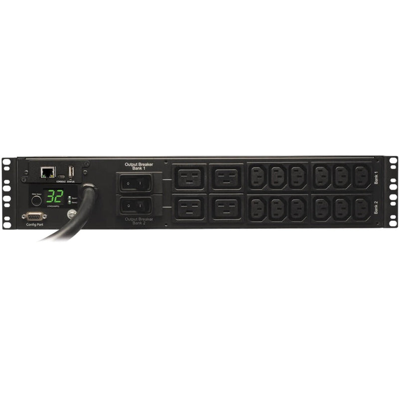 Horizontal view of PDU showing all 16 outlets arranged in two separately controlled banks