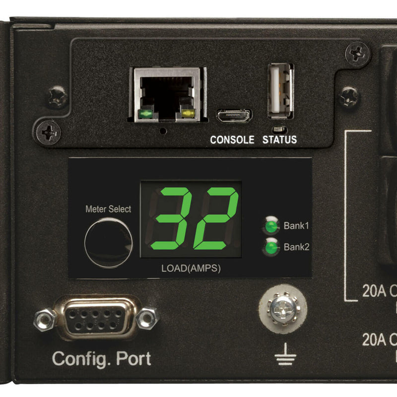 Close-up of PDU control panel showing digital display and network interfaces