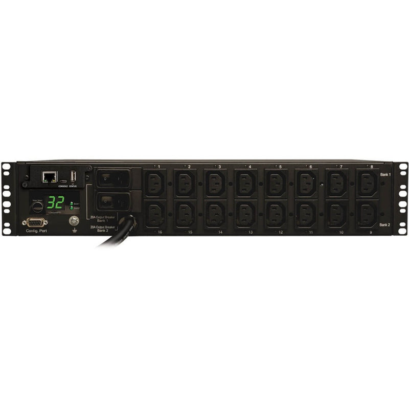 Horizontal view of PDU showing outlet arrangement and monitoring interface