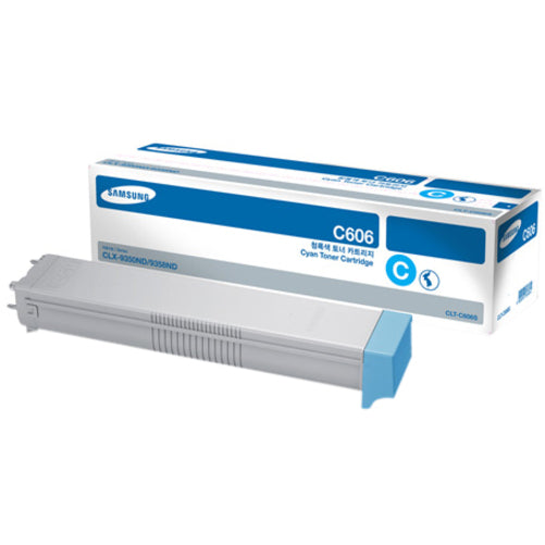 Samsung CLT-C606S high-yield cyan toner cartridge in retail packaging showing product details and compatibility information-alternate-image1