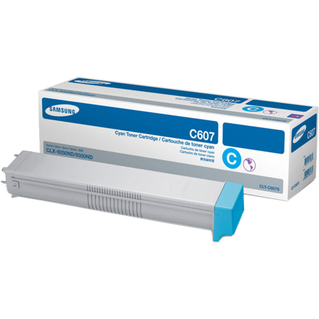 Samsung CLT-C607S original cyan toner cartridge showing product packaging and cartridge unit for CLX series printers-alternate-image1