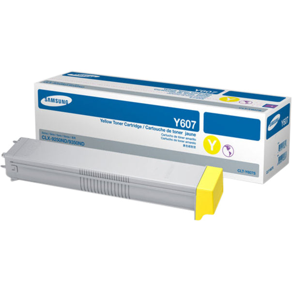 Samsung CLT-Y607S original yellow toner cartridge with retail packaging showing product specifications