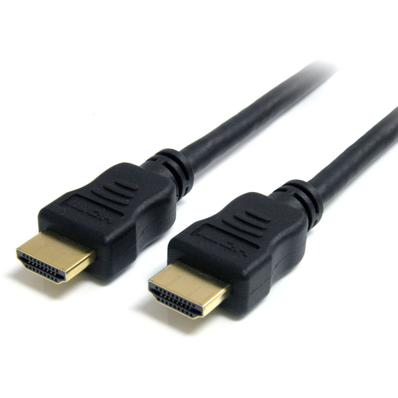 Close-up view of gold-plated HDMI connectors on both ends of a black high-speed HDMI cable