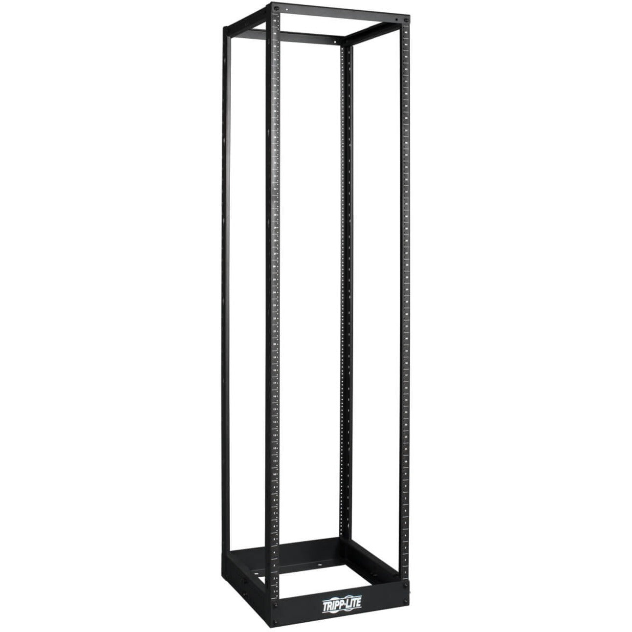 Front view of Tripp Lite SR4POST1224 45U 4-post open frame rack showing full height black steel construction-alternate-image1