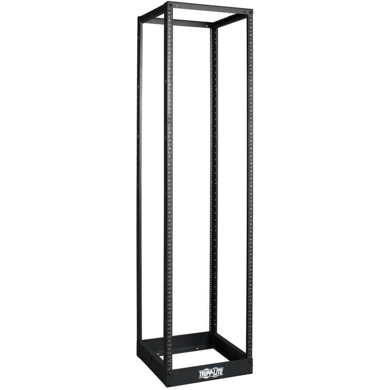 Front view of Tripp Lite SR4POST1224 45U 4-post open frame rack showing full height black steel construction