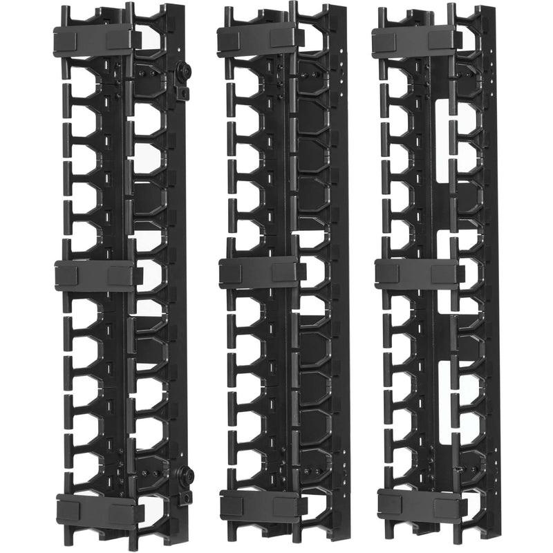 Side angle view of vertical cable manager showing cable routing channels and cover system