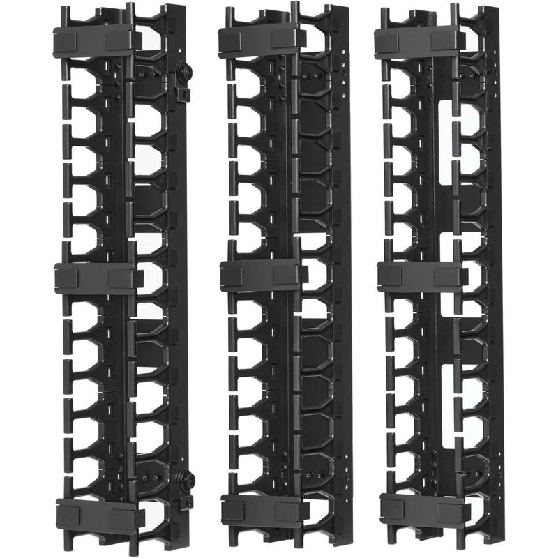 Front view of three black vertical cable management sections showing finger duct design and mounting brackets