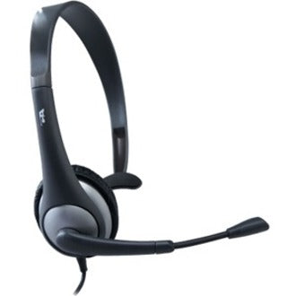 Cyber Acoustics AC-104 headset displaying adjustable headband and monaural design at an angle