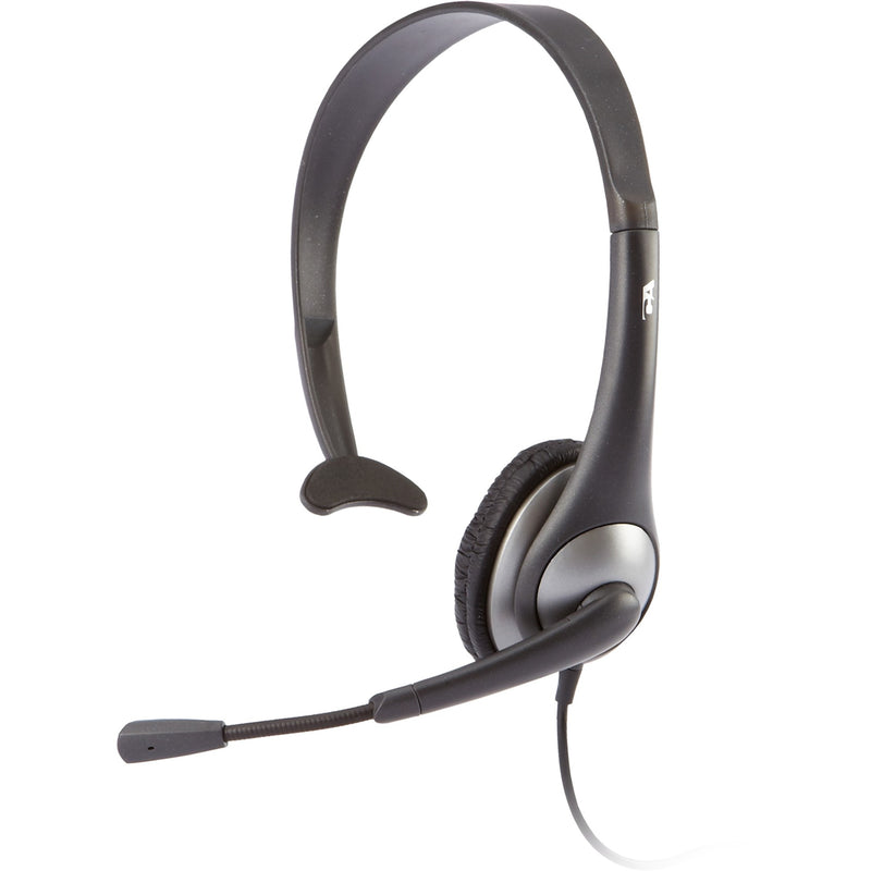 Cyber Acoustics AC-104 monaural headset with adjustable boom microphone shown from side angle