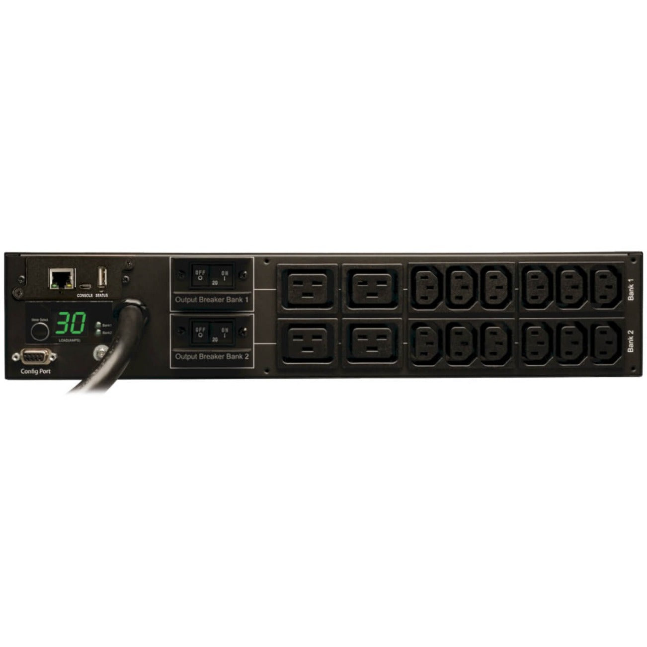 Front view of Tripp Lite PDU showing digital display, network ports, and dual banks of power outlets-alternate-image1