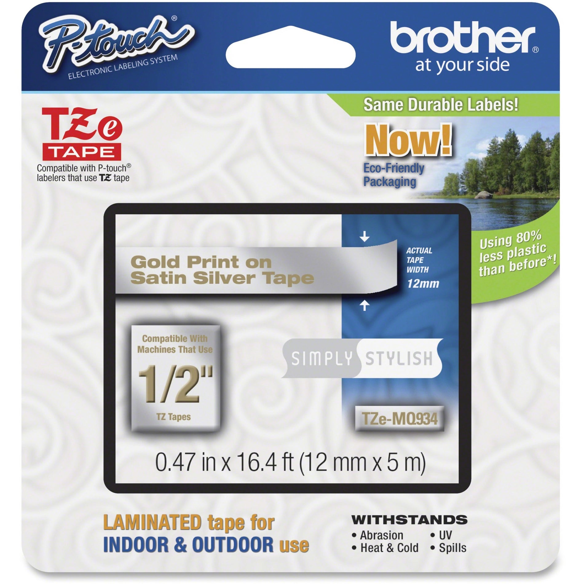 Brother TZEMQ934 P-Touch TZe Laminated Tape, Gold/ Satin Silver, 12mm