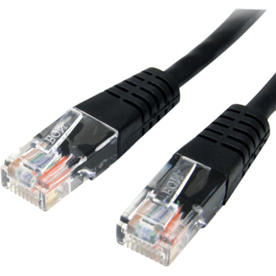 Detailed view of Cat5e ethernet cable showing RJ45 connectors and black cable jacket