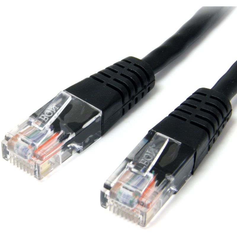 Close-up view of gold-plated RJ45 connectors on Cat5e network cable with strain relief boot