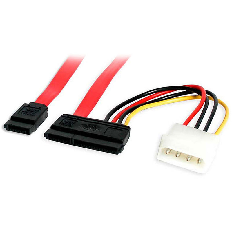 StarTech.com SATA data and power combo cable with red wiring, black SATA connectors, and white LP4 power adapter