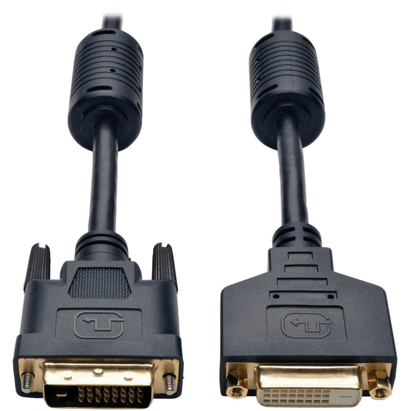 Close-up view of Tripp Lite DVI-D male and female connectors showing gold-plated pins and robust connector housing