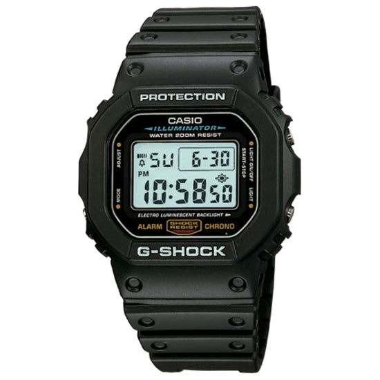 Casio G-SHOCK DW5600E-1V digital watch with square black resin case, LCD display showing time, and protective bezel design-alternate-image1